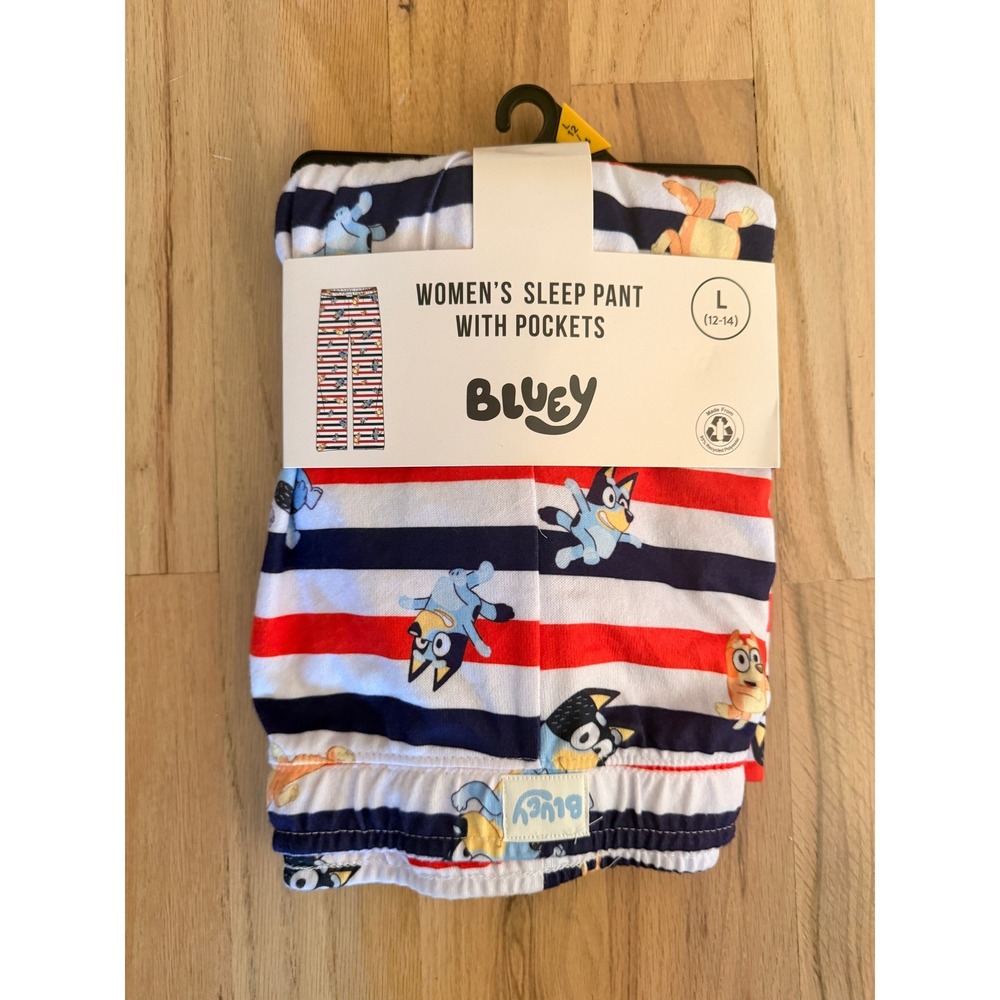 NWT Bluey Womens Sleep Pajama Pants Pockets Striped Red Navy White Large (12-14)